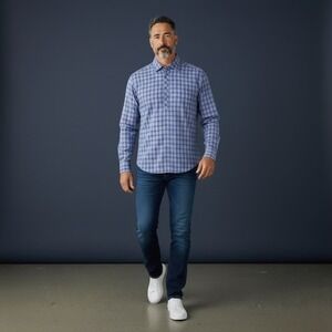 BOGOSSE Mens Size 5 XL Blue Plaid Long Sleeve Button Up Shirt 100% Cotton